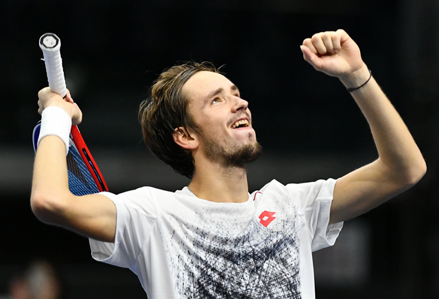 Russia’s Daniil Medvedev celebrates his win over Japan’s Kei Nishikori after their men’s singles final at the Japan Open in Tokyo on Sunday  (AFP photo by Kazuhiro Nogi)