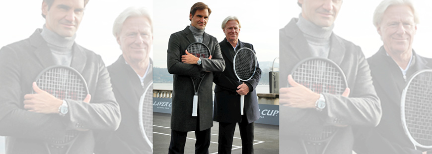Switzerland’s Roger Federer and Bjorn Borg (right) of Sweden pose after a tennis session to promote the Laver Cup tennis tournament on a temporary court on the banks of Lake Geneva in Geneva, Switzerland, on Friday  (Reuters photo by Arnd Wiegmann)