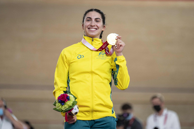 Gold medallist Australia’s Paige Greco poses with her medal on the podium after the women’s C1 3000m individual pursuit event during the Tokyo 2020 Paralympic Games in Izu on Wednesday (AFP photo by Charly Triballeau)