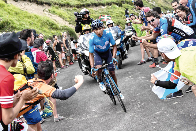 Colombia’s Nairo Quintana rides during a one-man breakaway in the Portet pass of the 17th stage of the 105th edition of the Tour de France cycling race, between Bagneres-de-Luchon and Saint-Lary-Soulan Col du Portet, southwestern France, on Wednesday (AFP photo by Jeff Pachoud)