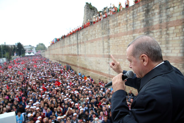 President of Turkey and leader of Turkey’s ruling Justice and Development Party (AKP) Recep Tayyip Erdogan addresses the crowd during the 6th ordinary district congress of the AKP in Istanbul, Turkey, on Saturday  (Anadolu photo)
