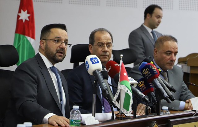 Finance Minister Mohamad Al-Ississ, along with Minister of Government Communications Faisal Shboul, holds a press conference announcing the details of the draft 2023 general budget in Amman on Wednesday (Photo by Osama Aqarbeh)