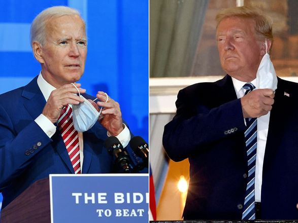 This combination of photos created on Saturday shows Democratic presidential nominee and former Vice President Joe Biden removing his mask as he delivers remarks on COVID-19 at The Queen theatre on October 23, in Wilmington, Delaware and US President Donald Trump removing his mask upon return to the White House from Walter Reed National Military Medical Centre on October 5, in Washington, DC (AFP photo)