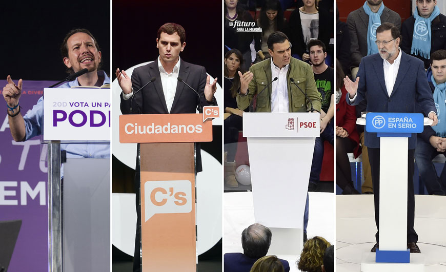 A combination of four pictures shows candidates for the upcoming December 20 general election, (left to right) left-wing party Podemos leader Pablo Iglesias, centre-right party Ciudadanos leader Albert Rivera, Spanish Socialist Party leader Pedro Sanchez and Spanish Prime Minister and Popular Party leader Mariano Rajoy speaking during their electoral campaign in Spain (AFP photo)