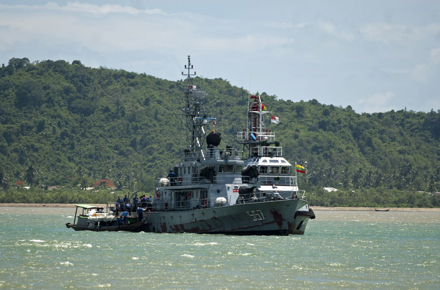 Myanmar navy ships are seen near Haigyi Island, Ngaputaw Township, Irrawaddy region, on Saturday (AFP photo)
