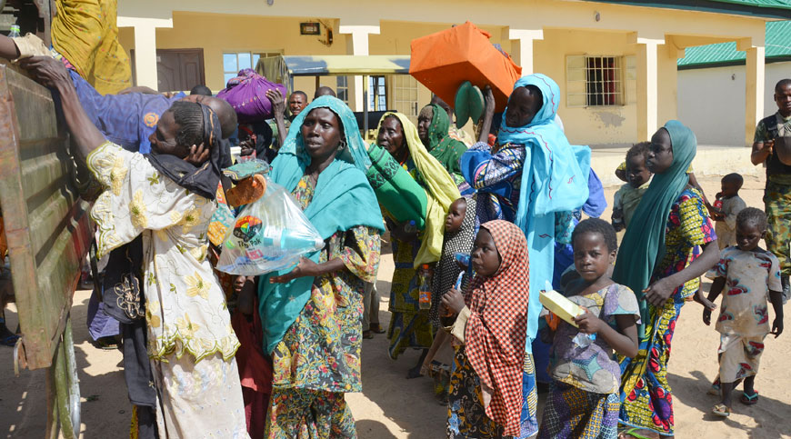Women and children rescued by Nigerian soldiers from Boko Haram extremists in the northeast of Nigeria arrive at the military office in Maiduguri, Nigeria, on Thursday (AP photo)