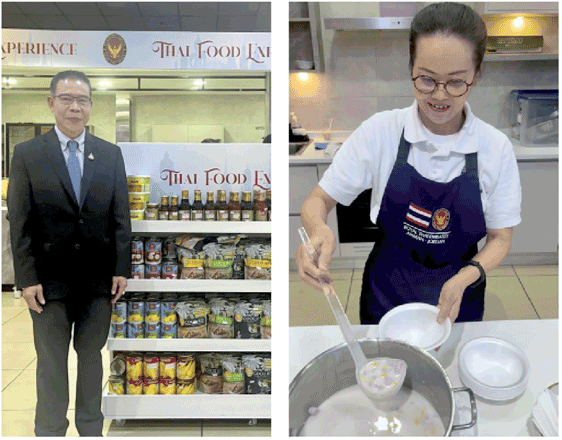 Thailand’s Ambassador to Jordan Supark Prongthura during the second day of the food festival organised by the Royal Thai Embassy at Cozmo supermarket’s kitchen in Amman on Friday. Right: A chef serves a Thai dish during the exhibition (Photos by Tara Lumley-Savile)