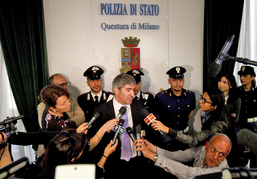 Milan chief anti-terrorism investigator Bruno Megale (centre) speaks during a press conference in Milan, Italy, on Wednesday (AP photo)