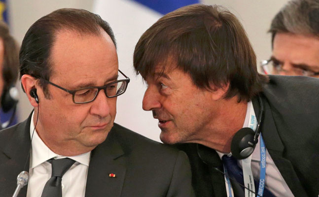 French President Francois Hollande speaks with French environmental activist and special envoy for the protection of the planet Nicolas Hulot as they attend ‘The Climate Challenge and African solutions’ event during the World Climate Change Conference 2015 (COP21) at Le Bourget, near Paris, on Tuesday (Reuters photo)