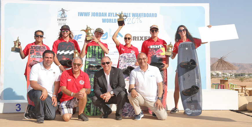 HRH Prince Feisal, (in the middle) JOC president, poses with the winners at the Jordan Ayla Cable Wakeboard World Cup 2018 in Aqaba on Saturday (Photo courtesy of the J OC Media Service)