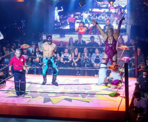 A wrestling match during a Lucha Vavoom show at the Mayan Theatre in Los Angeles, California, on February 11 (AFP photo by Valerie Macon)