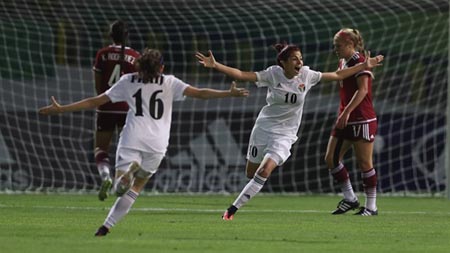 Jordan’s Sarah Abu-Sabbah celebrates after scoring during the FIFA U-17 Women’s World Cup Group A match against Mexico at Al Hassan International Stadium in Irbid on Monday (AFP photo)