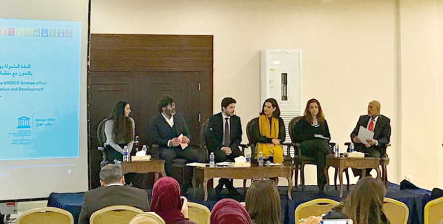 Speakers take part in a discussion panel on the youth well-being policy review in Amman on Tuesday (Photo courtesy of I-Dare)